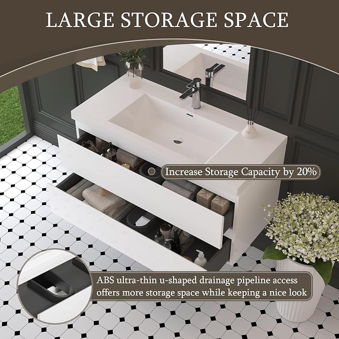 42" Floating Bathroom Vanity Sink, Glossy White | Storage Cabinet Wall Mounted Cabinet, Solid Surface Basin, Soft Close Drawers, Fully Assembled