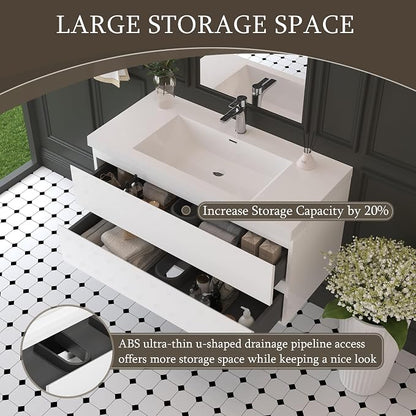 42" Floating Bathroom Vanity Sink, Glossy White | Storage Cabinet Wall Mounted Cabinet, Solid Surface Basin, Soft Close Drawers, Fully Assembled