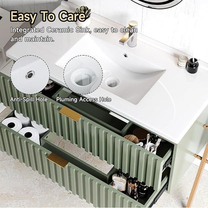 ONBRILL 36 Inch Bathroom Vanity with Sink Combo, Floating Bathroom Vanity with 2 Fluted Drawers & Metal Handle, Modern Wall Mount Storage Cabinet with Ceramic Integrated Sink for Small Space (Green)