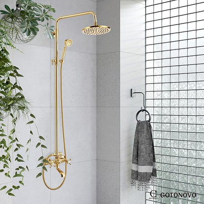 gotonovo Exposed Shower Faucet Set 8 Inch Rainfall Showerhead 3-Function Shower Fixture with Tub Spout 2 Corss Handles Shower System, Polish Gold