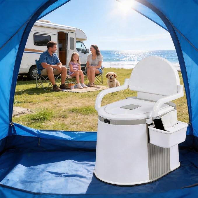 Portable RV Toilet with 5 Gallon Detachable Inner Bucket, Removable Paper Phone Holder & Handrails Lightweight Compact for Camping Travel, Fishing, Hiking – Easy Setup, No Water Required