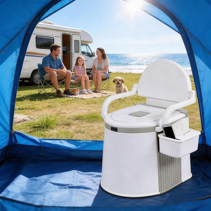 Portable RV Toilet with 5 Gallon Detachable Inner Bucket, Removable Paper Phone Holder & Handrails Lightweight Compact for Camping Travel, Fishing, Hiking – Easy Setup, No Water Required