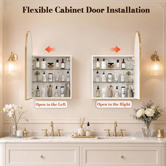 FKWin Medicine Cabinet Mirror for Bathrooms, Wall Mount Storage 20x30 inch | Gold Bathroom Mirror with Storage, Elegant Bathroom Upgrade, Adjustable Shelves, Reversible Door, Luxury Finish