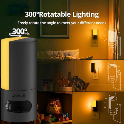 Plug-in LED Amber Night Light with Motion Sensor, Rotatable, Dimmable Backlit Nightlight, 1-150lm Adjustable Brightness for Bathroom, Bedroom, Hallway, Stairs, 2 Pack