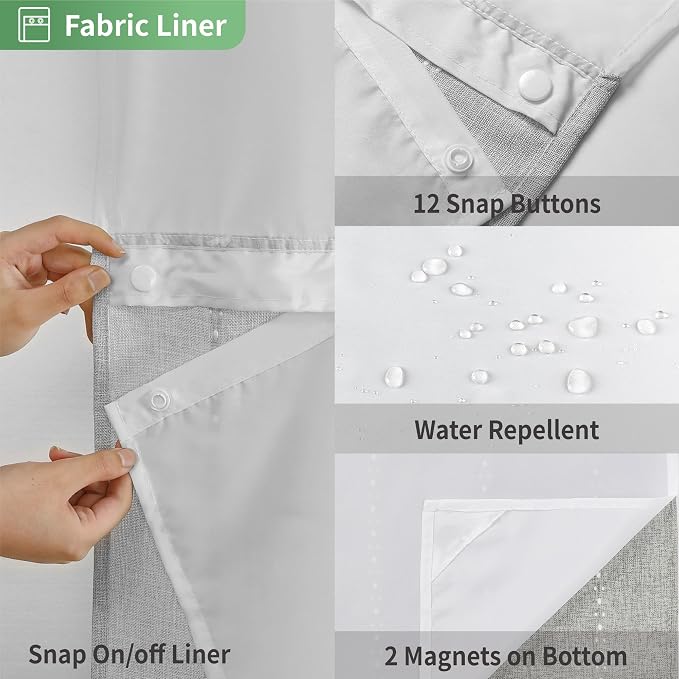 eachope No Hook Extra Long Shower Curtain Set with Snap-in Liner,Linen Textured Thick Striped Fabric with Tassels,Boho Chic Modern Farmhouse Bathroom Curtain,Water-Repellent,Grey/Gray,71x86 | 330GSM Thick Linen Textured Striped Fabric with Tassels,Snap...
