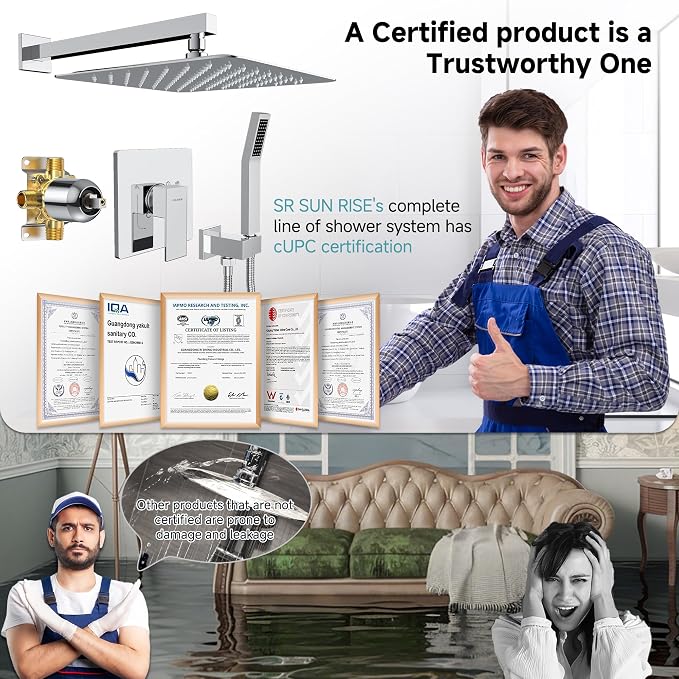 SR SUN RISE Shower Faucet Set & System - 12 Inch Rainfall Shower Head & Handle Set Wall Mounted Polished Chrome Solid Brass Valve Trim Kit Included