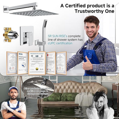 SR SUN RISE Shower Faucet Set & System - 12 Inch Rainfall Shower Head & Handle Set Wall Mounted Polished Chrome Solid Brass Valve Trim Kit Included