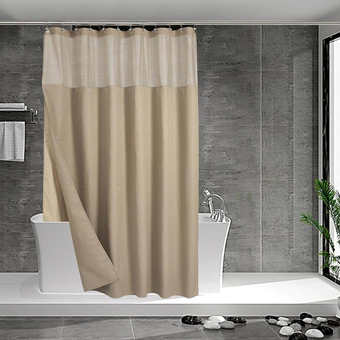 N&Y HOME Waffle Weave Shower Curtain with Snap Liner 71x72, Linen | 12 Metal Hooks Included, Snap on Fabric Liner, Mesh Window, Washable, Hotel Style Shower Curtain Set for Bathroom