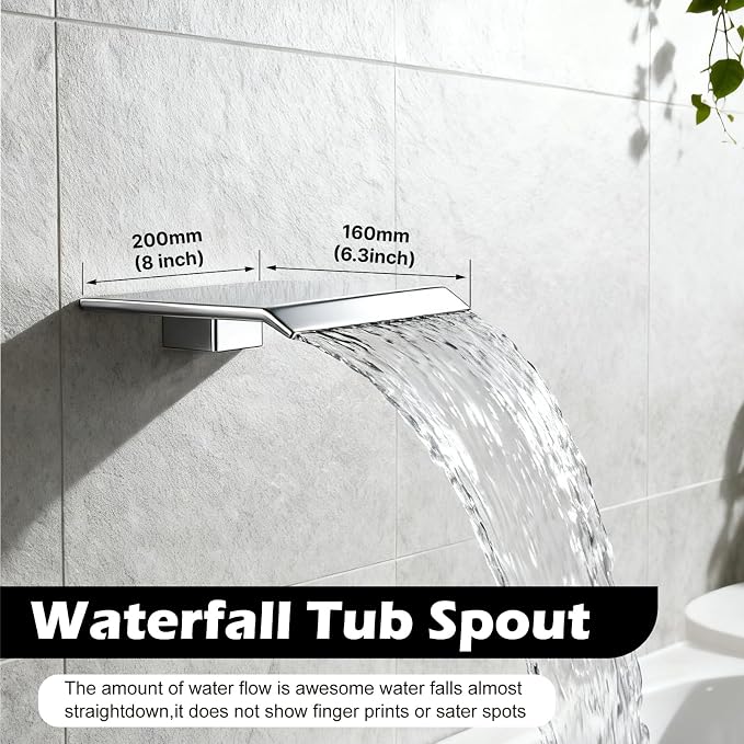 Midanya Shower System with Tub Spout,8 Inch Shower Head,Polish Chrome | with Valve & Trim Kit,Square Rain Head,Handheld Sprayer,Waterfall Spout,All Metal Wall Mount Bathroom Shower Tub Faucet Set