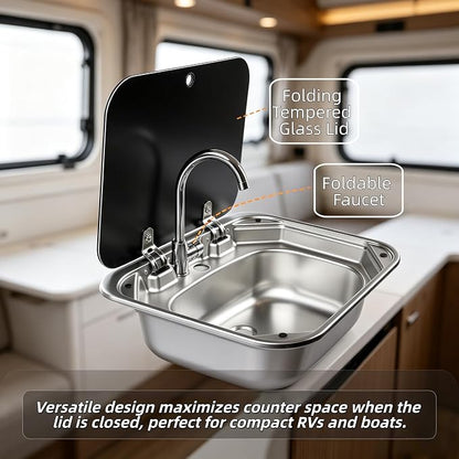 RV Sink Stainless Steel Hand Wash Basin with Folding Lid and Faucet | Tempered Glass Lid, Hot&Cold Faucet, Single Bowl Drop-In Basin Sink for RV Camper Caravan Boat Home, 16.5" x 14.3" x 6.3"