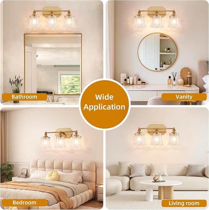 Vintage 3-Light Gold Bathroom Vanity Light, Crystal Glass Shade | Antique Style, Brushed Gold Finish, Rust-resistant Metal, E26 Base, Over Mirror Wall Lighting for Bathroom Restroom