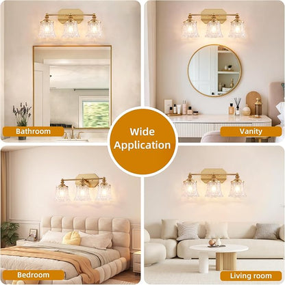 Vintage 3-Light Gold Bathroom Vanity Light, Crystal Glass Shade | Antique Style, Brushed Gold Finish, Rust-resistant Metal, E26 Base, Over Mirror Wall Lighting for Bathroom Restroom