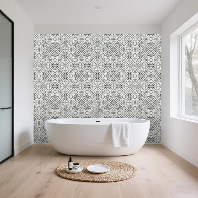 36 Pcs Retro Gray Green Patten Peel and Stick Tile Sticker, 4x4in | Geometric Patterns Waterproof Self Adhesive Stick on Decals for Kitchen Bathroom Wall Art