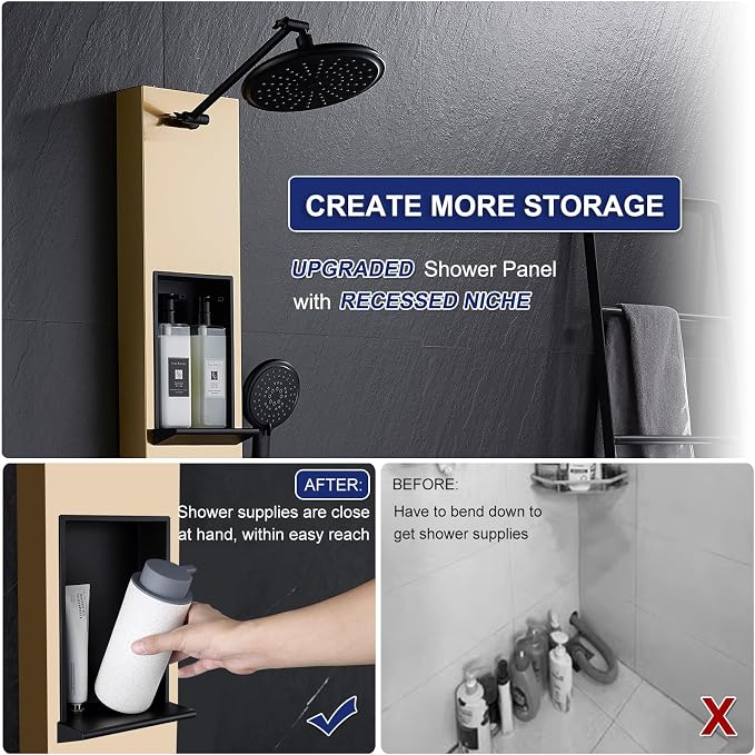 ROVATE Shower Panel Tower with Shelf & Adjustable Shower Arm, Brushed Gold | Stainless Steel Shower Column with 6 Adjustable Body Jets, Self-Cleaning Rainfall Shower Head & Flexible Handheld, Wall Mount