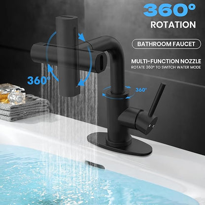 Matte Black Bathroom Sink Faucet with Pull Down Sprayer - 4 Mode Single Handle Vanity Faucet Waterfall Bathroom Faucet with Pull Down Sprayer (No Drain)