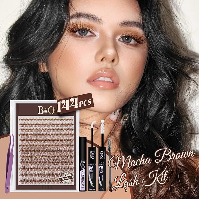 B&Q Brown Lash Clusters Kit Natural Mochalash Clusters 03, Wispy Eyelash Clusters Kit C-Curl Cluster Eyelash Extensions 8-16mm Brown Lash Eyelashes Kit for Fair/Dark Hair(Mochalash 03 Set)