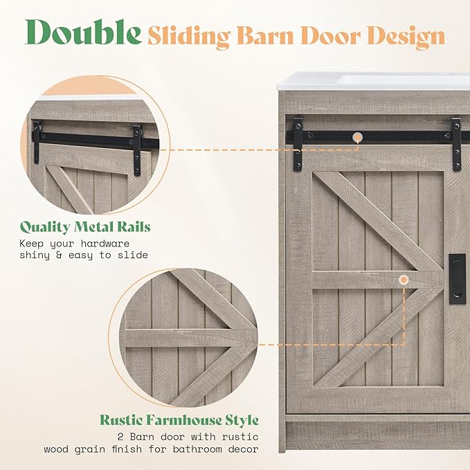 AMERLIFE Double Farmhouse Bathroom Vanity with Sink, 61in Sliding Barn Door Bathroom Storage Cabinet with Sliding Doors & Drawers, Dual Basin, Large Double Bath Vanity Sink Combo, Light Grey