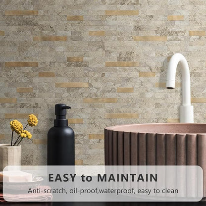 STICKGOO Peel and Stick Backsplash Tile, Stick on Backsplash for Kitchen and Bathroom, Stone Beige Marble Look PVC Mixed Metal Gold Self Adhesive Wall Tiles(10 Sheets)