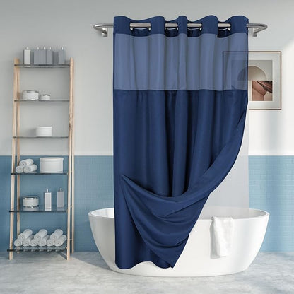 River Dream Extra Long No Hook Shower Curtain with Snap-in Liner, Navy | 71W x 86H, Snap on/off Waterproof PEVA Liner, See Through Top Window, Slub Textured, XL Hotel Style Shower Curtain Set