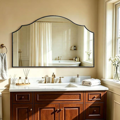 Besdomus Black Scalloped Wall Mirror: 54"x34" Oversized Wood Arched Mirror | Classical Minimalist Decorative Mirror for Fireplace/Bathroom/Bedroom/Entryway/Living Room/Dining Room/Dresser/Over Sink