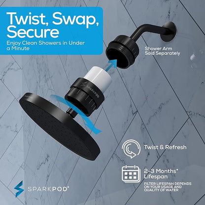 SparkPod Filtered Shower Head, 23-Stage, 8" Round, Black Matte | Showerhead for Hard Water, High Pressure, Reduces Chlorine, Heavy Metals, For Dry Skin & Hair, Removable Capsule Filter