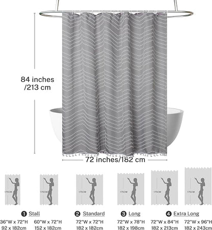 Extra Long Grey Boho Shower Curtain with Tassel, Woven Fabric 84 in Shower Curtain, Tufted Chevron Striped, 72 x 84, Modern Chic Textured Minimalist Bathroom Shower
