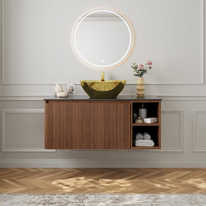 36" Modern Floating Bathroom Vanity with Single Sink - Wall Mounted Storage Bathroom Cabinet with Black Sintered Stone Countertop| Large Storage Space & Open Shelves, Dark Wood