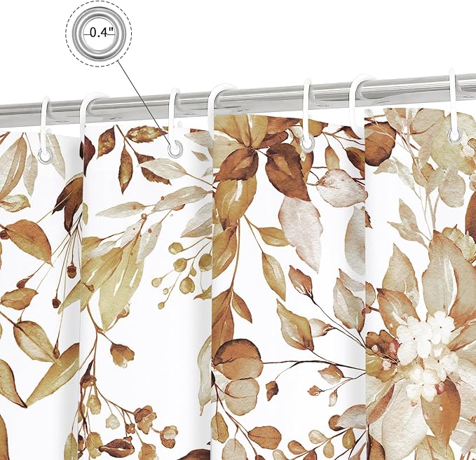 Brown Eucalyptus Shower Curtain, Watercolor Floral Print, 54x78 | Watercolor Plant Leaves Floral Print, Stall Waterproof Fabric Bathroom Decor, Machine Washable, Rustproof Grommets