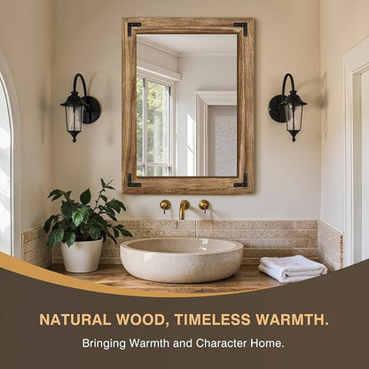 Bathroom Mirror for Wall, 24" x 32" Wooden Vanity Mirror | Solid Wood Frame, Rustic Farmhouse Style, Shatterproof Glass, for Bedroom, Living Room, Entryway Decor, Vertical/Horizontal