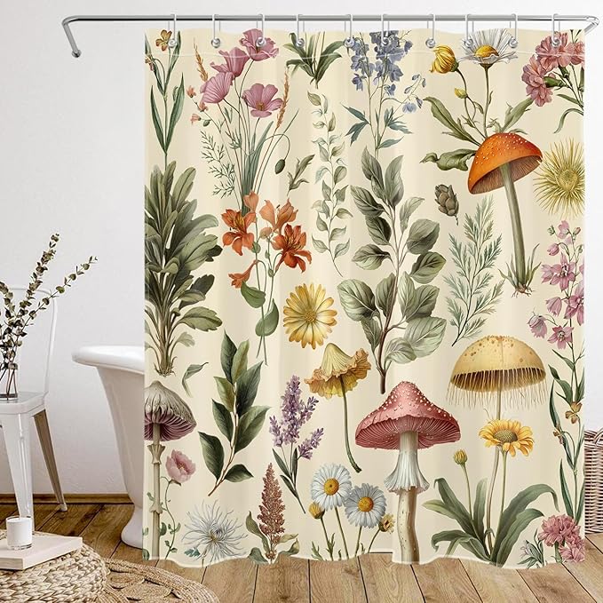 Retro Mushroom Floral Shower Curtain for Bathroom, Boho Botanical Witchy Bathroom Curtains Set Farmhouse Wildflower Aesthetics Shower Curtain with Hooks, 60W X 72L Inches