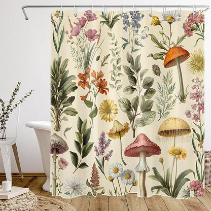 Retro Mushroom Floral Shower Curtain for Bathroom, Boho Botanical Witchy Bathroom Curtains Set Farmhouse Wildflower Aesthetics Shower Curtain with Hooks, 60W X 72L Inches