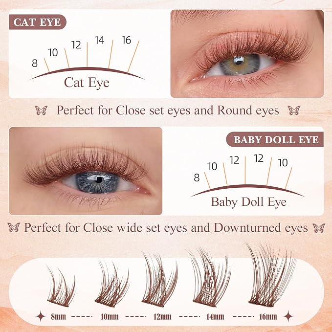 Wispy Lash Clusters Brown Eyelash Clusters Natural 8-16mm Lashes Cluster Eyelash Extensions C-Curly Thin Band Individual Lashes Natural Look DIY Lash Extension at Home by Wtvane