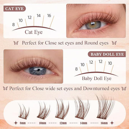 Wispy Lash Clusters Brown Eyelash Clusters Natural 8-16mm Lashes Cluster Eyelash Extensions C-Curly Thin Band Individual Lashes Natural Look DIY Lash Extension at Home by Wtvane