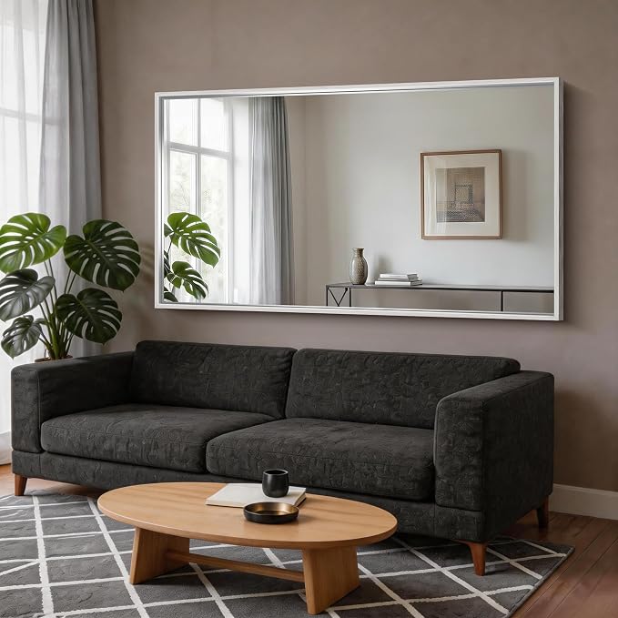 CIRCUMI 72"x40" Brushed Silver Bathroom Mirror, Double Sink Vanity Mirror | Chunky Box Metal Frame, Shatterproof, Tempered Glass, Bathroom Remodel&New Home, Large Rectangular Mirror for Living Room