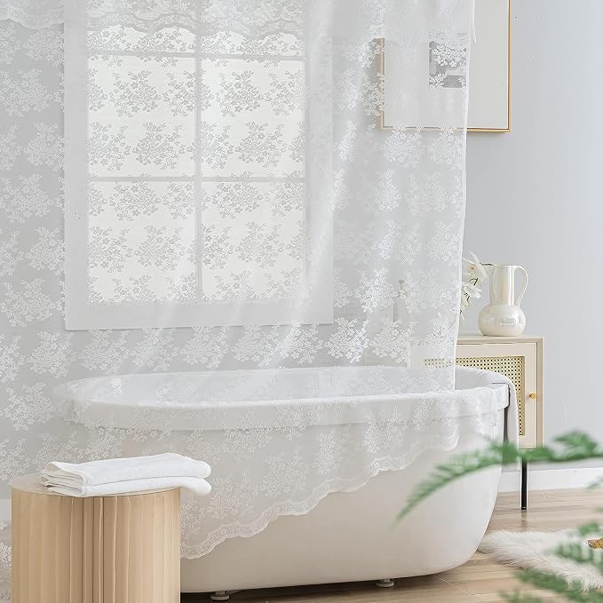 TUDECO White Lace Shower Curtain with Attached Valance, 72W x 84L Inch | Extra Long, Tall Bathroom Curtain, Cottage Core Style, Vintage Floral, Scalloped Edges, Brightens Space, Semi Privacy