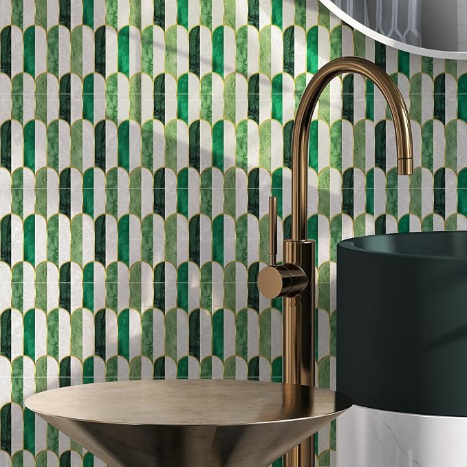 funlife Holographic Emerald Art Deco Peel and Stick Backsplash Self-Adhesive PVC Wall Tiles Easy DIY with Tools for Kitchen Bathroom and Laundry Room 5.9"x5.9"x50-Sheet Arch Mosaic