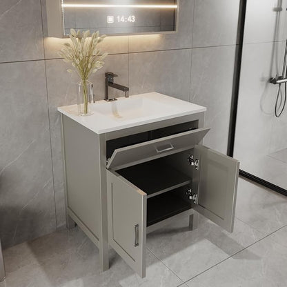 24" Light Grey Bathroom Vanity Base Only – Freestanding Solid Wood Sink Cabinet with Tip-Out Drawer, Shaker Style Storage, No Top or Sink, 36" W x 21" D x 34.5" H