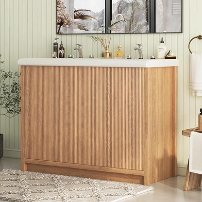 48 Inch Bathroom Vanity with Double Sink, Modern Thickened Wood Bathroom Storage Cabinet, Freestanding Storage Bathroom Vanity with 4 Doors, Nature Wood