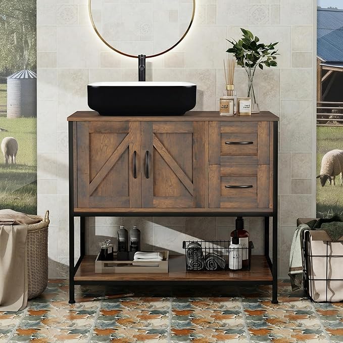 YOURLITE Bathroom Vanity, 36" Bathroom Vanity with Sink Combo Set, Rustic Farmhouse Modern Bathroom Cabinet with White and Black Ceramic Vessel Sink