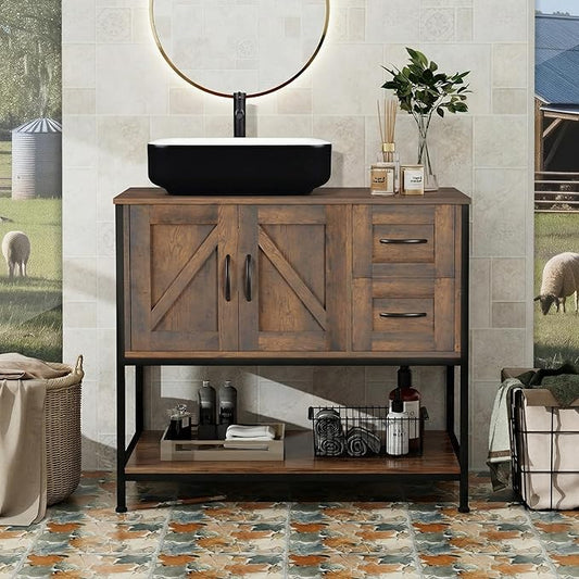 YOURLITE Bathroom Vanity, 36" Bathroom Vanity with Sink Combo Set, Rustic Farmhouse Modern Bathroom Cabinet with White and Black Ceramic Vessel Sink