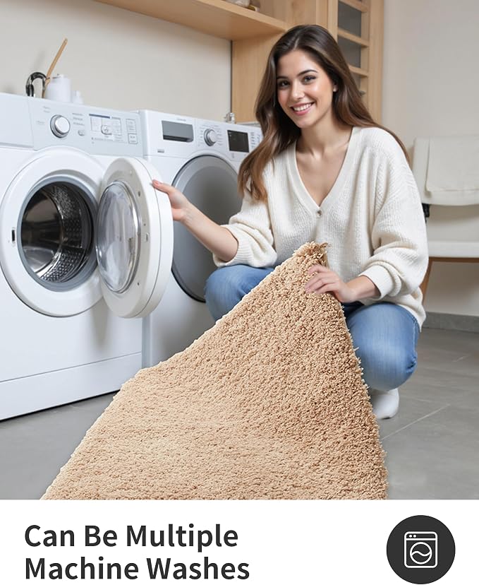 ILANGO Beige Bathroom Rugs 60" × 24" Non Slip & Super Absorbent Extra Thick Soft, Washable Bath Carpet Runner for Floor, Microfiber Plush Shaggy Bath Mats with Rubber for Bedroom Bathtub Shower Room