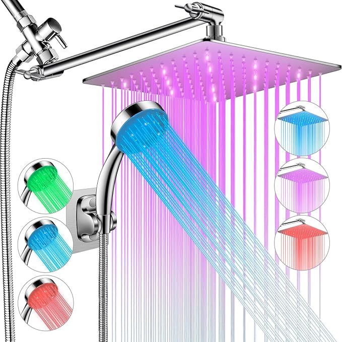 LED Shower Head with High Pressure 10” Rain Shower Head, 11” Extension Arm | Color Changing Based On Water Temperature Handheld showerhead, Stainless Steel, 60" Hose, Chrome