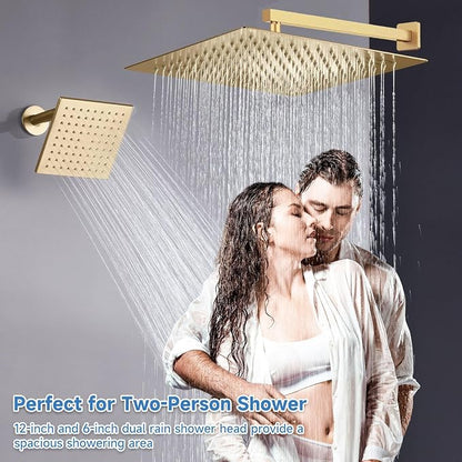 Dual Rainfall Shower Head System Brushed Gold, 3-Function Push Button Shower Faucet Set with 12" Wall Mount Rain shower head and 6" Wall Mount Shower Head, Pressure Balance Rough-in Valve