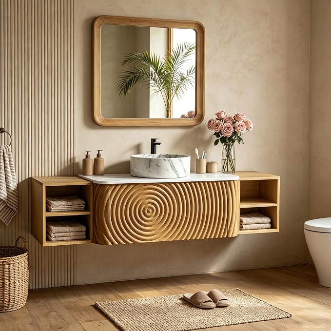 60" Floating Bathroom Vanity with Sink, Mid-Century Wall Mounted Bathroom Vanity Cabinet with Wood Waved Decor,Marble Ceramic Basin and Sintered Stone Top, Soft Close Drawer, 2 Side Open Cube