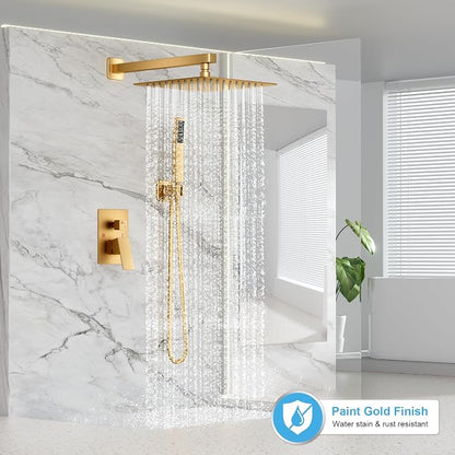 FPXRNG Shower Faucet Set Rainfall Shower System with Square Shower Head and Handle Set Rough-in Valve and Metal Trim Kit Included Paint Gold 10 Inch Wall Mounted Shower Fixtures