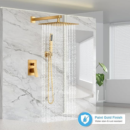FPXRNG Shower Faucet Set Rainfall Shower System with Square Shower Head and Handle Set Rough-in Valve and Metal Trim Kit Included Paint Gold 12 Inch Wall Mounted Shower Fixtures