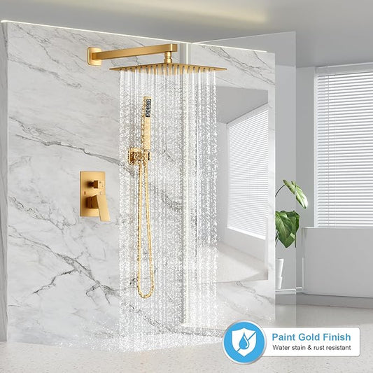 FPXRNG Shower Faucet Set Rainfall Shower System with Square Shower Head and Handle Set Rough-in Valve and Metal Trim Kit Included Paint Gold 12 Inch Wall Mounted Shower Fixtures