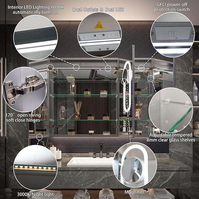 Recessed Medicine Cabinet with Lights, 48x36 Lighted Medicine Cabinet with Mirror, 5XMagnifier, GFCI Outlet, Soft-closed, Front&Backlit, Anti-Fog, Dimmable&Tunable, Sensor Lights, Adjustable Shelves