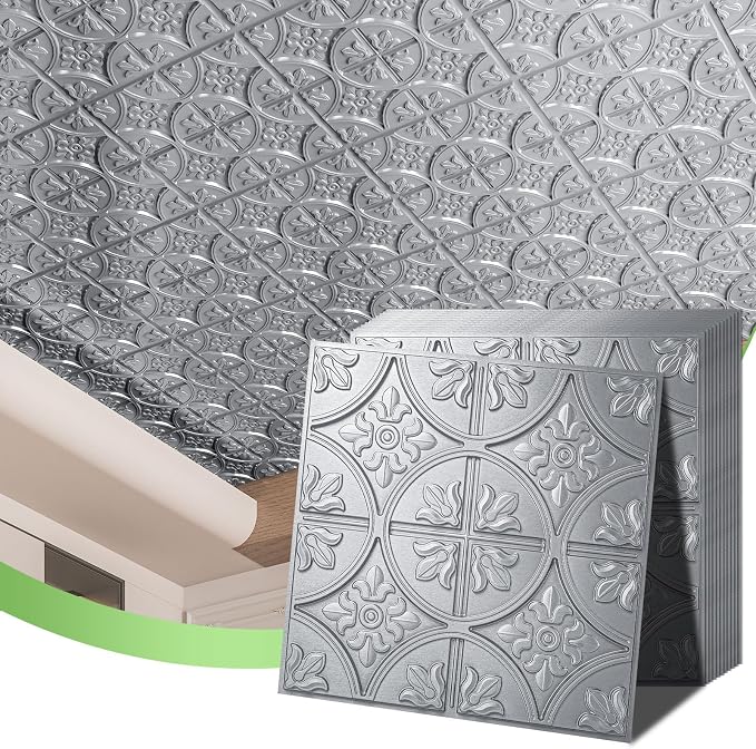 Art3d Fancy Classic Style Drop Ceiling Tiles, 2 x 2 ft, Argent Silver | PVC, Lightweight, Waterproof, Easy to Wipe Clean, Compatible with Grid System, Suitable for Kitchen, Bathroom, Basement