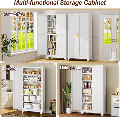 75" White Tall Metal Storage Cabinet with 2 Doors and 5 Adjustable Shelves,Steel Garage Tool Cabinet, File Cabinet,Kitchen Pantry Cabinet for Home,Office,Garage,School,Warehouse